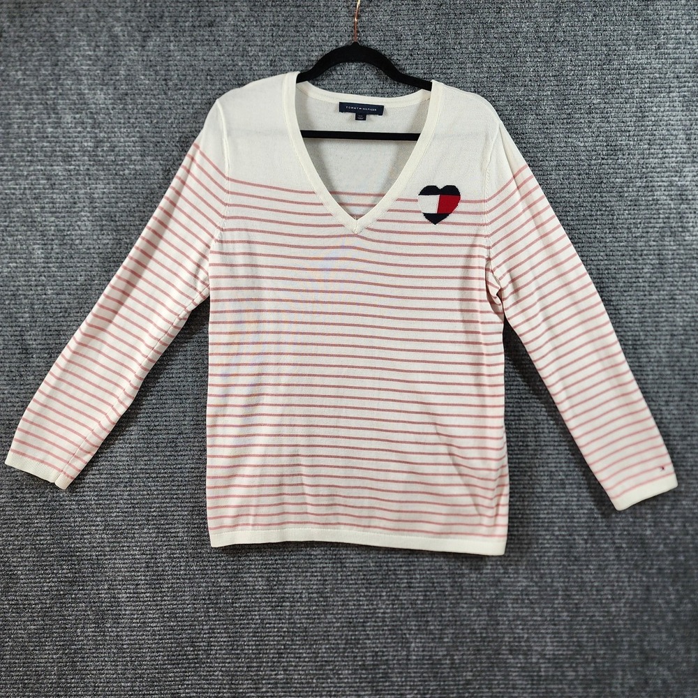Tommy Hilfiger Sweater Womens Large White‎ Stripe Pink V Neck Heart Logo Cotton